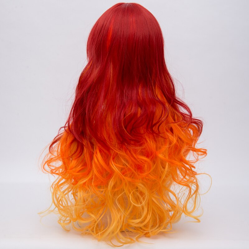 Cosplaysalon damer lolita 75cm lang krøllet orange rød mix regnbue fest paryk med pandehår syntetisk cosplay midterste del hår