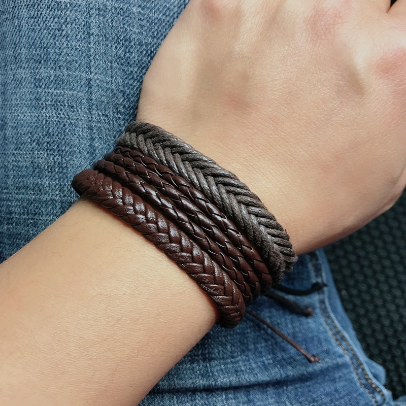 Pulsera de cuero trenzada para hombre y mujer, brazalete de cuerda multicapa hecho a mano, de joyería para pareja, 3 unids/set por juego, 2022