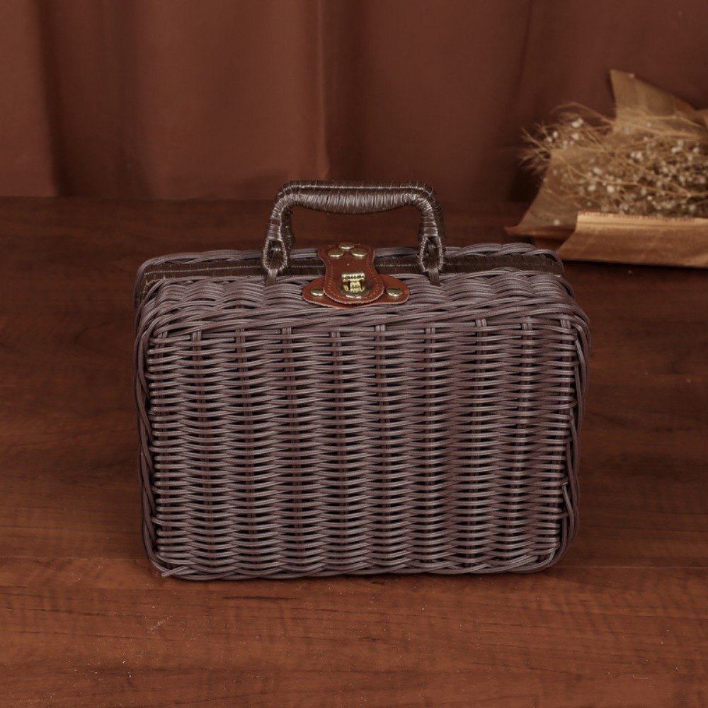 Caja de tejida, caja de almacenamiento de mimbre tejida de simulación, Retro con asa, maleta de boda, cestas tejidas para Picnic en el hogar, boda: Latón cepillado