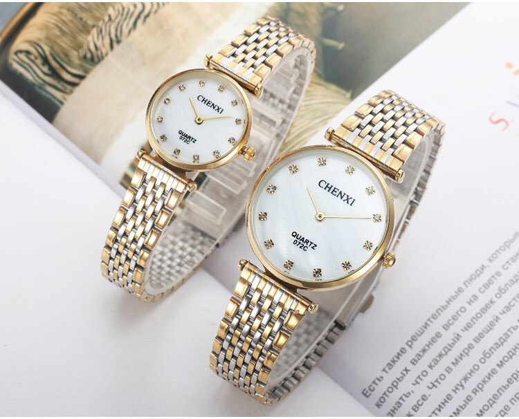 Chenxi Brand Casual Koppels Horloges Zakelijke Stijl Man Vrouw Goud Roestvrij Staal Waterdichte Quartz Charms Jurk