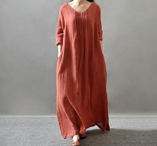 Sommer høst kvinner avslappet løs boho lange maxikjoler vestidos - bomulls- og lin vintagekjole