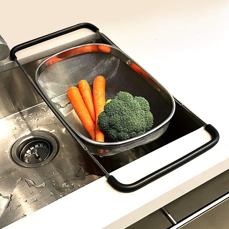 Gootsteen vergiet zeef mand roestvrij staal, voor keuken gootsteen met rubberen grip, fijnmazig roestvrij staal, uitschuifbare metalen zeef