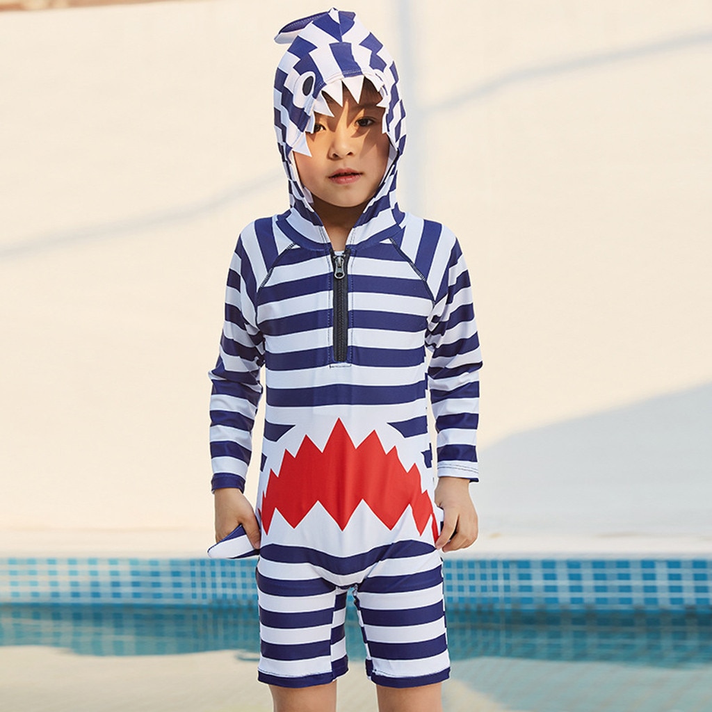 Children's swimsuit baby long sleeve cartoon stripe hooded bathing pool beach swimwear children's swimsuit boy