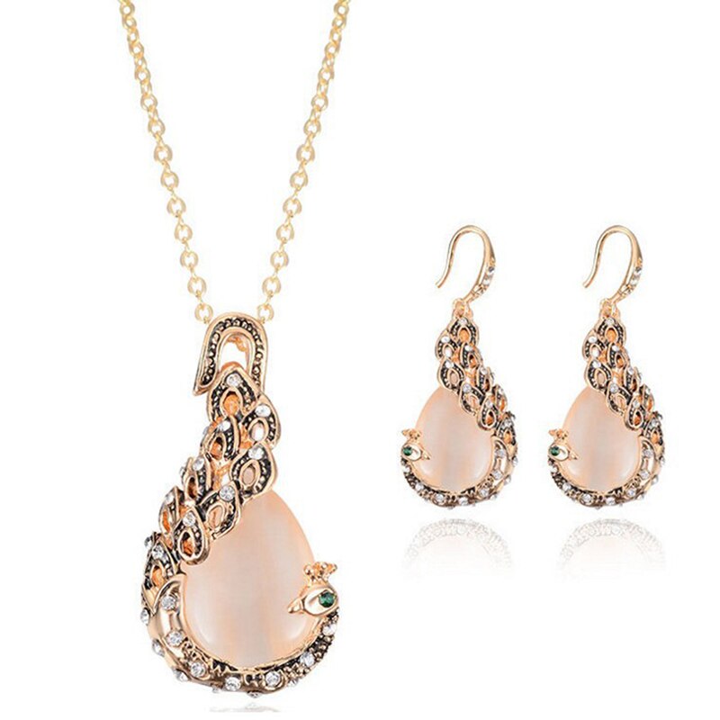 Opal Crystal Peacock Jewelry Set Romantic Necklace Earrings Women Jewelry Wedding Jewelry Set: Default Title