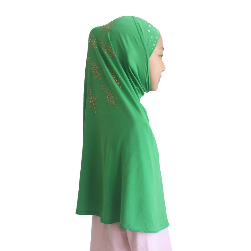 Muslimska flickor hijab islamiska halsdukar sjalar mjukt stretchmaterial för 7 to 14 år gamla tjejer med skönhetsdiamant fint mönster: Grön