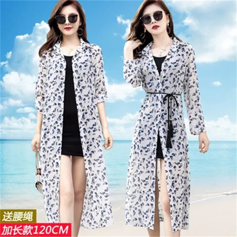 Eksklusiv sommercardigan tynd solcreme tøj ekstra langt sjal med strandfrakke dameprint skjorte dame snøre-vindjakke: Xxxl / Beige