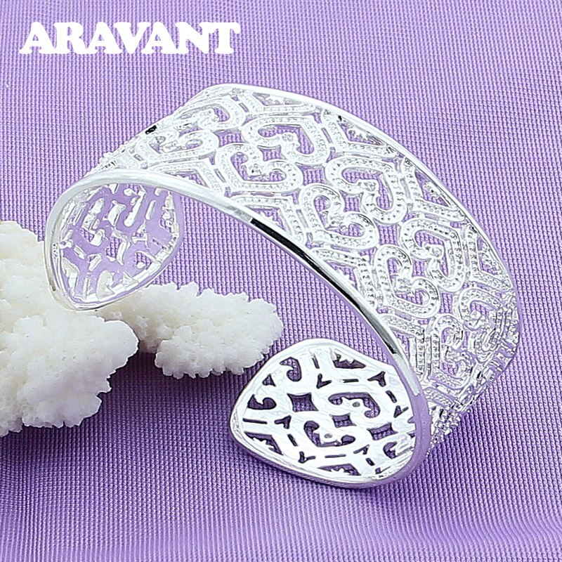 925 Zilveren Sieraden Kristal Zirkoon Hart Open Manchet Armbanden Voor Vrouwen Luxe Zilveren Sieraden Accessoires