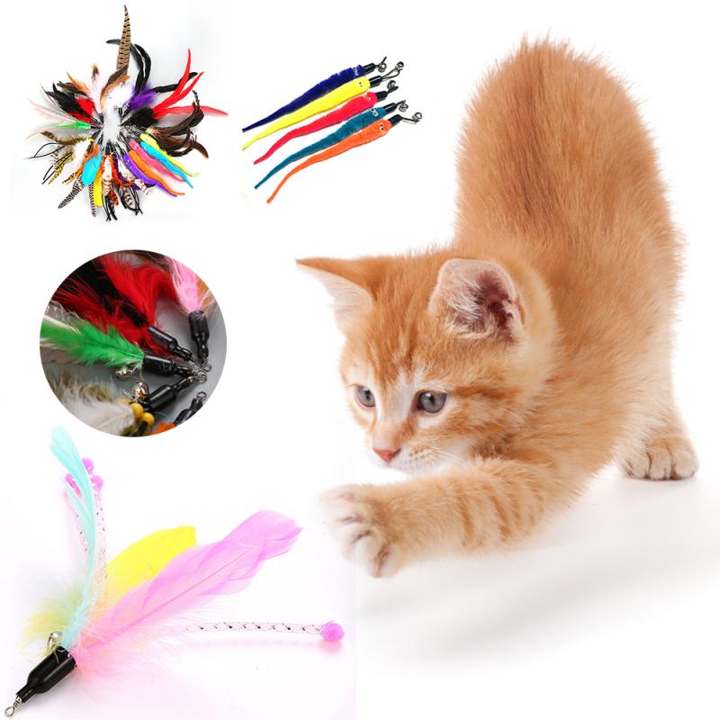 Cat Interactive Toy Stick Feather Wand With Mouse Cage Toys Plastic Artificial Colorful Cat Toy Supplies Replacement Head