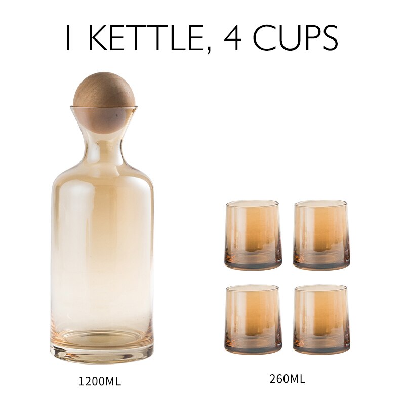 JINYOUJIA Nordic Glass Carafe Water Pitcher with Wood Lid Kettle Drinking Cup Tea Pot Juice Jug Household Drinkware: AMBER 4 cup set