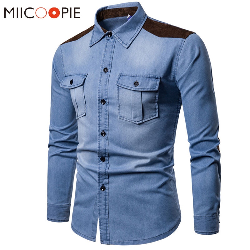 Dongeriskjorte herre langermet herre casual bomull jeansskjorte slim semsket matchende herre solide lommeskjorter topper chemise homme