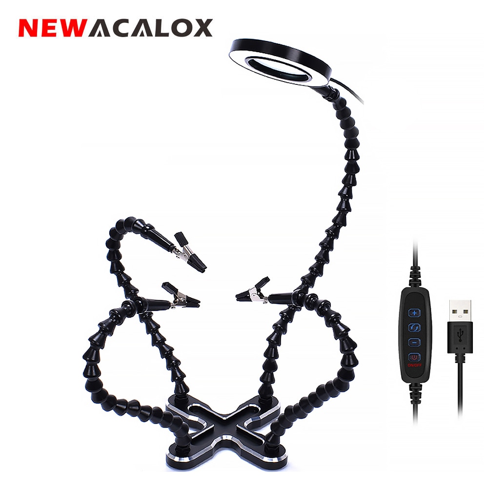 NEWACALOX USB LED 3X lunettes loupe lampe bricolage soudure troisième main 4pc bras flexibles soudage aide support réparation support outil