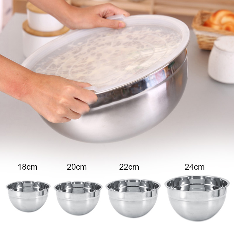 Bol de mezcla de acero inoxidable con tapas para ensaladas, caja para el almuerzo, contenedor de almacenamiento de alimentos, herramienta de cocina, 18/20/22/24CM