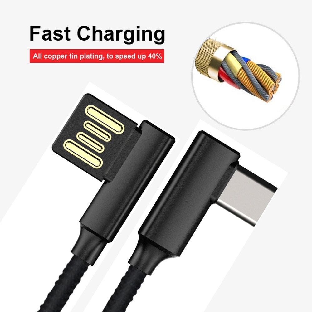 90 Degree Right Angle Micro USB 2.0 USB 3.1 Type-C Charge Cable L-shape Braided Data Sync Charge Mobile Phone Wire Cable
