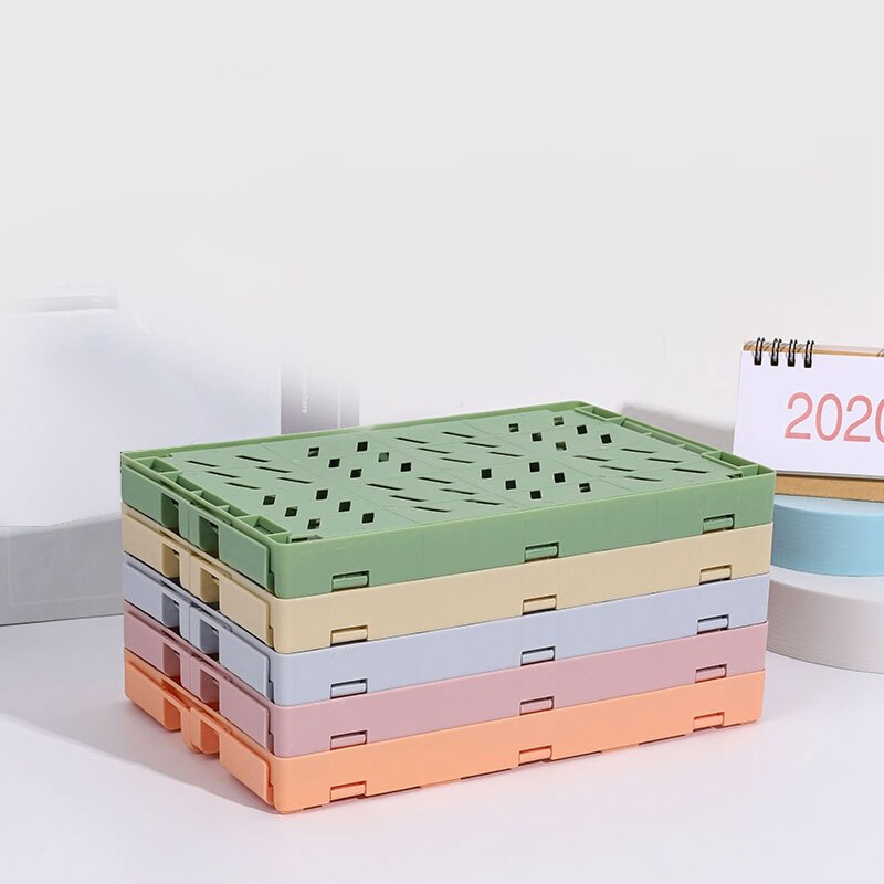 2 Pcs Collapsible Crate Plastic Folding Storage Box Basket Utility Cosmetic Container, Pink & Green