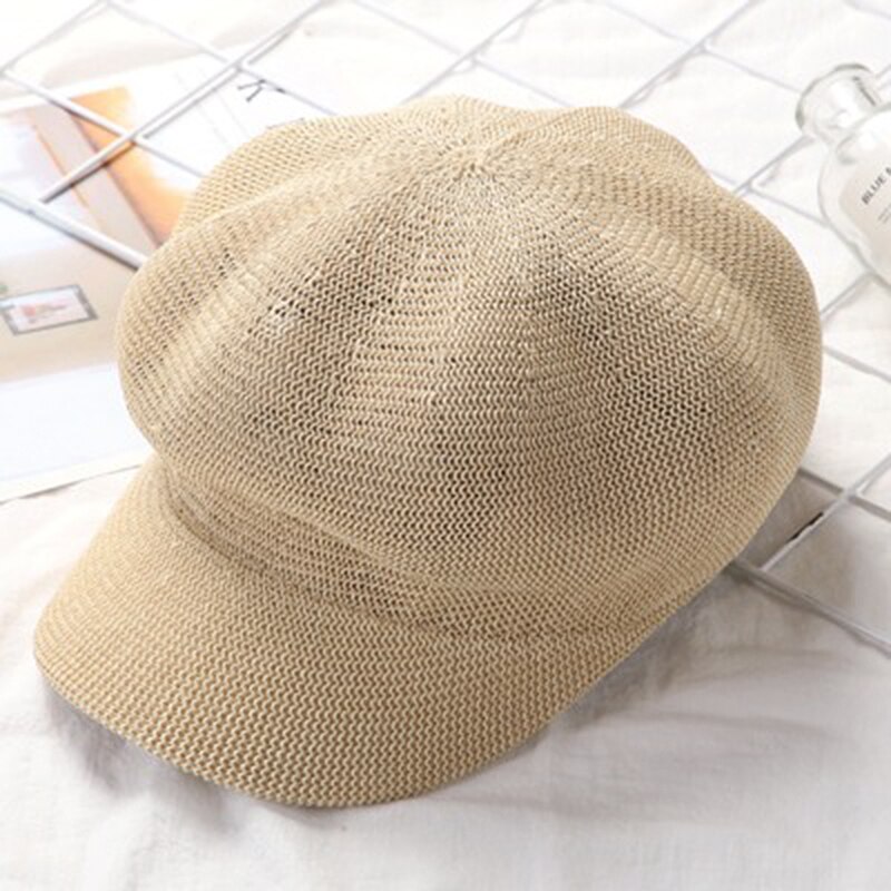 Octagonal Cap Straw Women Summer Thin Newsboy Cap Painter Straw Knitted Beret Mesh Breathable Sun Hat: 05