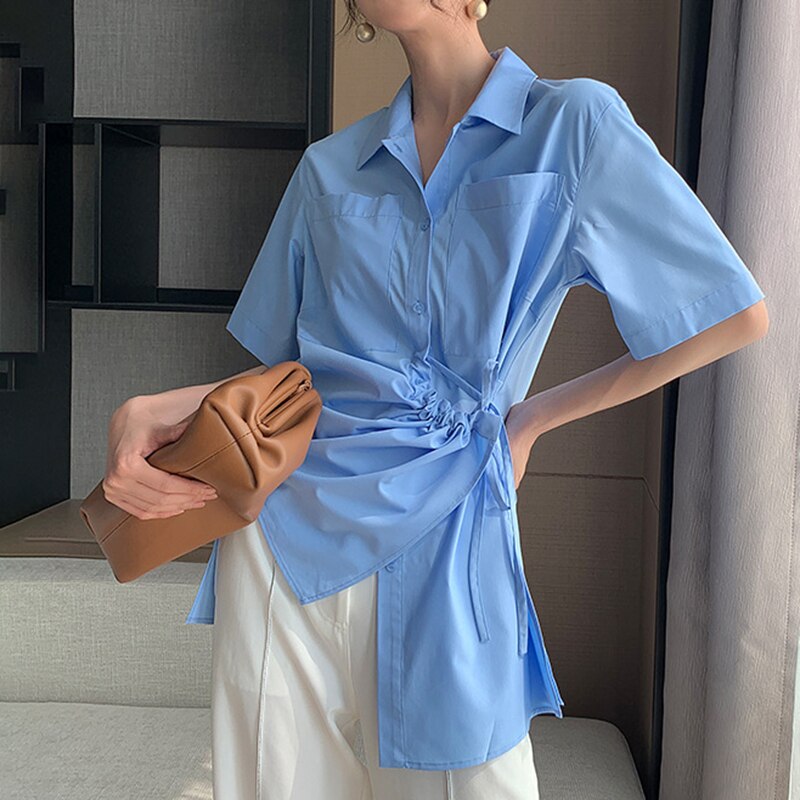TWOTWINSTYLE Asymmetrical Women Shirt Lapel Collae Half Sleevel High Waist Irreguar Ruched Blouse For Female Clothes