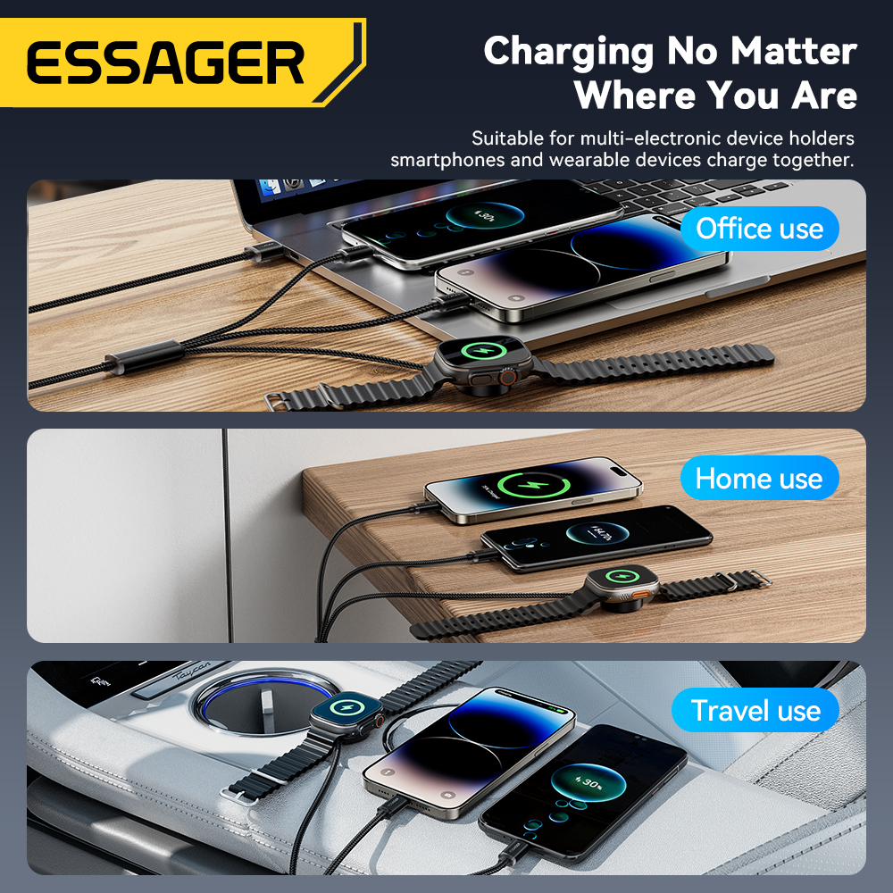 Essager 3-in-1 multi-USB A-oplaadkabel voor Apple iWatch iPhone 16/15/14/13 Pro met USB Type C Lightning snellaadkabel