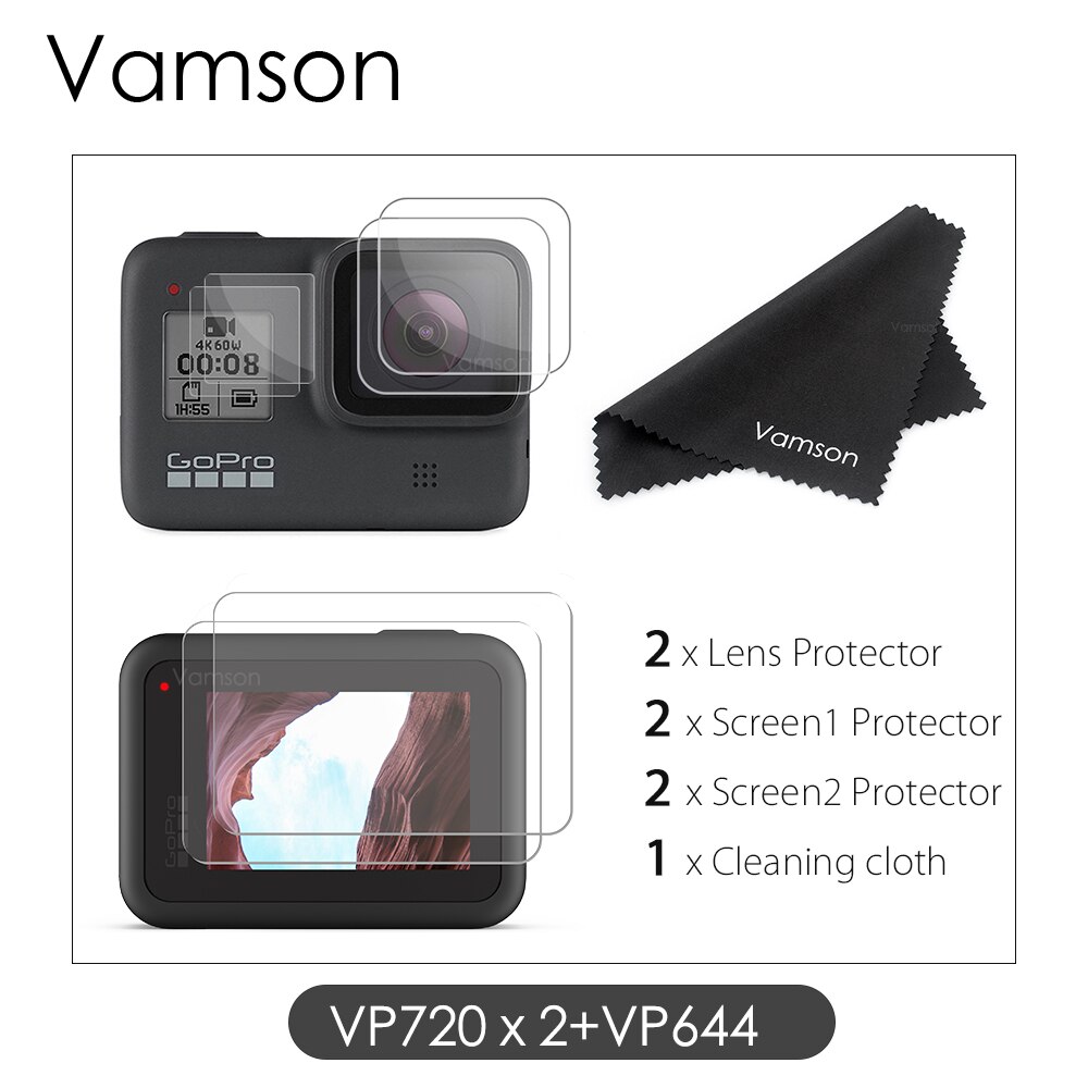 Vamson für Gopro Hero 8 Schwarz Gehärtetem Glas Screen Protector Action Kamera Objektiv Bildschirm Film 9Pcs für Go pro 8 kamera VP720: VP720x2-VP644