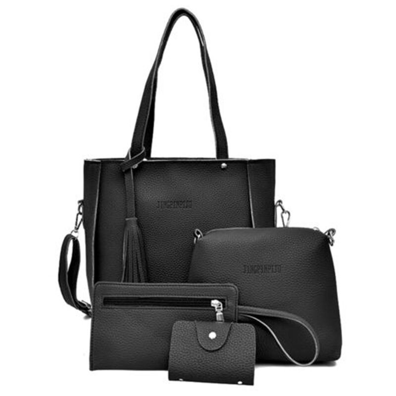4Pcs Set Women Ladies Leather Shoulder Bags Tote Purse Satchel Messenger Bags /BY: Black