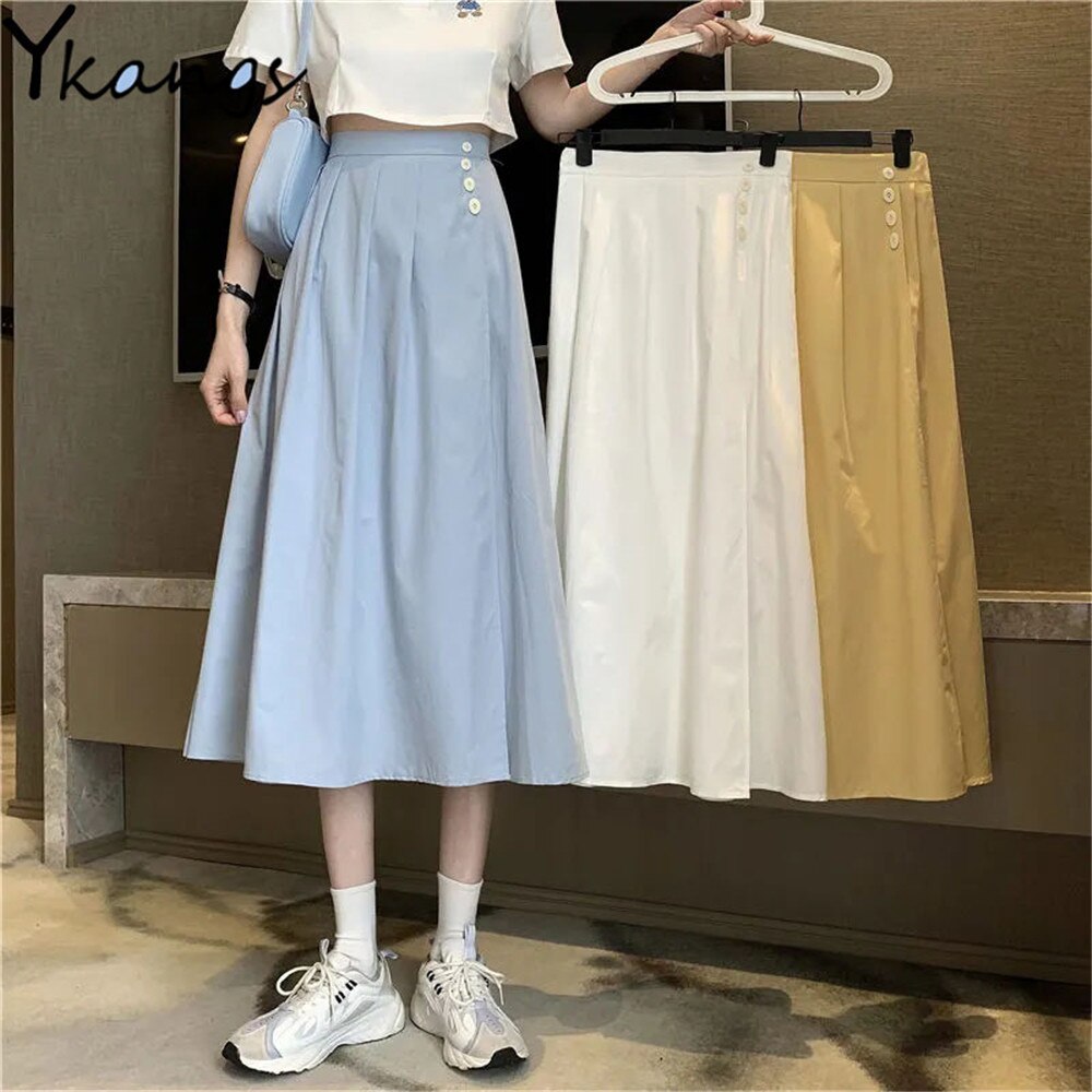 Letnia jednokolorowa plisowana spódnica wysokiej talii guziki żółte niebieskie białe długie spódnice damskie koreańskie Casual dzikie spódnice trapezowe Streetwear