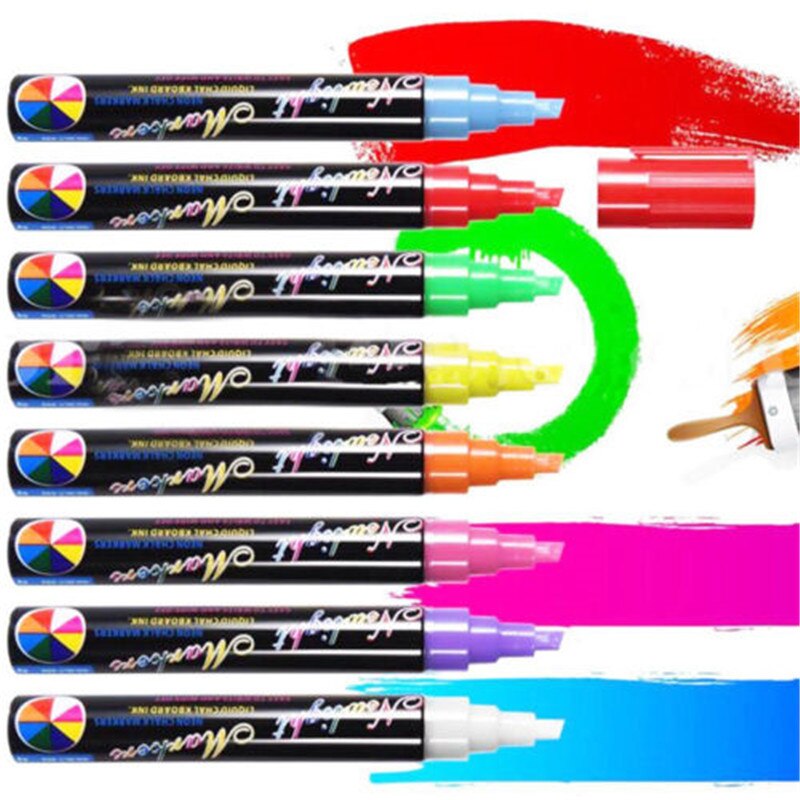 6mm 8 farger flytende krittpenner tusj vendbar neonfarger whiteboeard tørke ren vinduet tusj