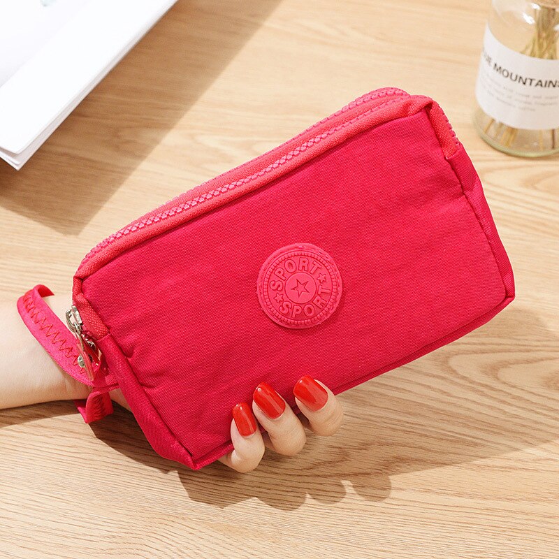 Women Wallets Women's Solid 3 Layer Canvas Cell Phone Bag Short Wallet Three-layer Zipper Coin Card Key Wallet: Red