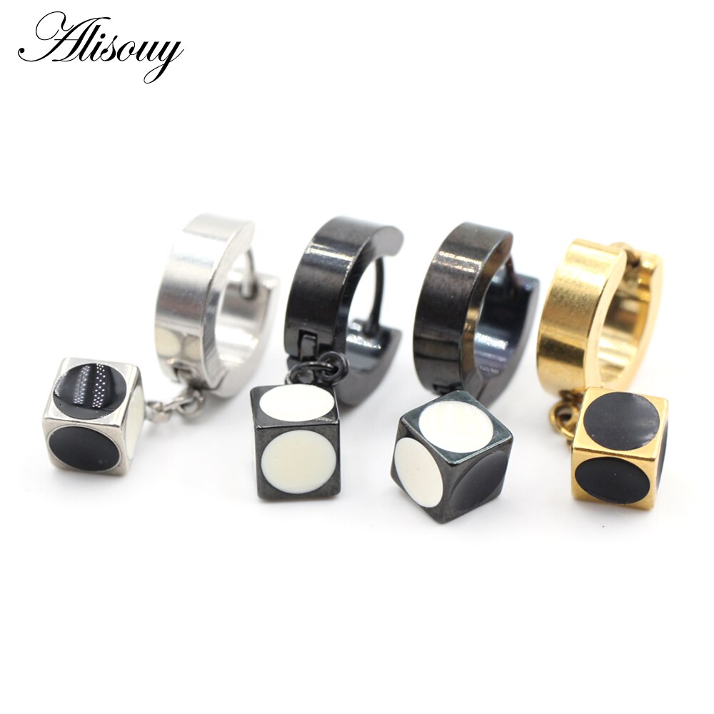 Alisouy 2 Stuks Punk Rvs Stud Huggie Hoop Oorbellen Voor Vrouwen Mannen Cube Vierkante Dice Dangle Oorbellen Hiphop Goth oorbellen