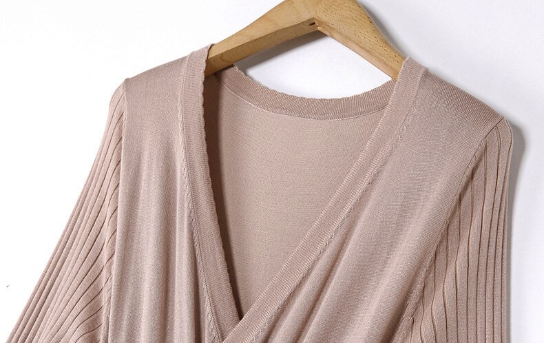 PERHAPS U Khaki Winter Full Sleeve Long Sleeve Office Midi Sashes V-Neck Solid Wrap Pink Knitted Knee Length Dress D0014