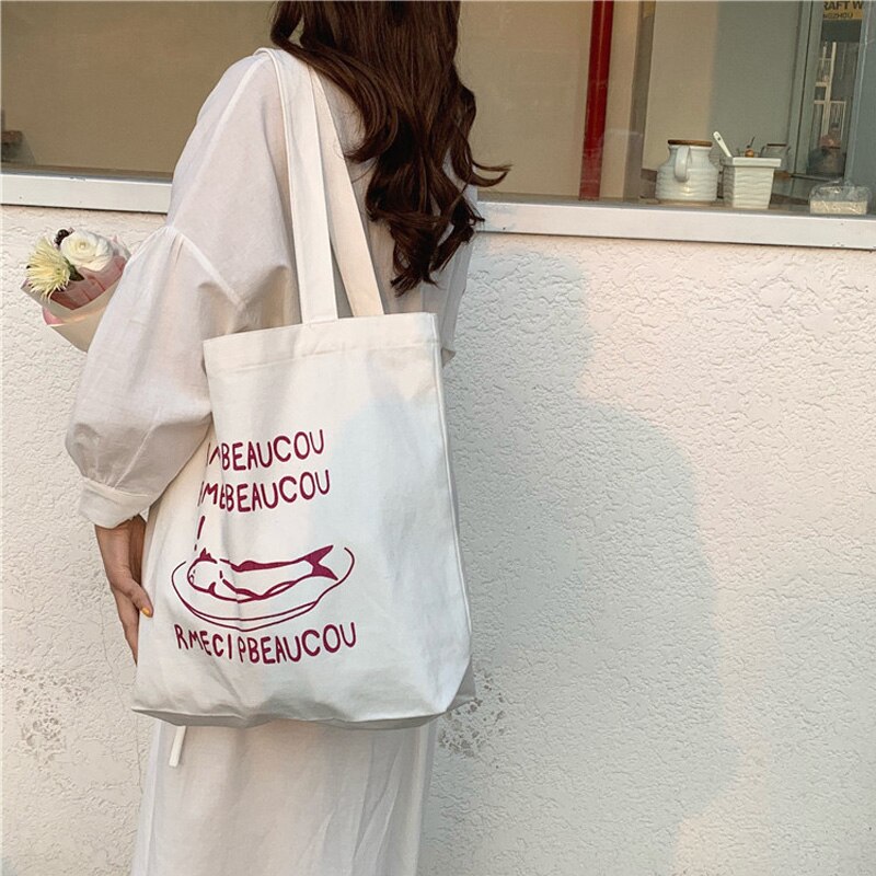 Women Canvas Shopping Bag Large Capacity White Cotton Fabric Shoulder Bag Ladies Handbag Casual Tote Foldable Bags For Groceries: Default Title