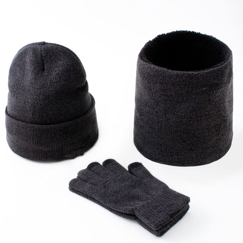 Varm vinterstrikkede hatte tørklæde og handsker til mænd rødbrun grå sort hat og tørklæde sæt 3 stk: Mørkegrå