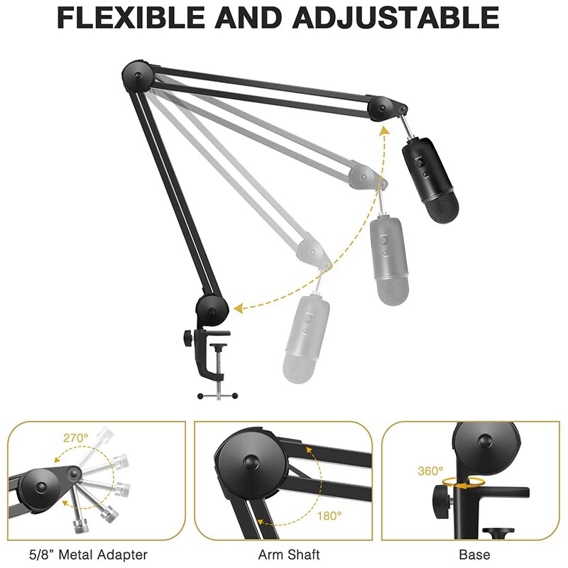 Microphone Stand, Heavy Duty Mic Arm Microphone Stand Suspension Scissor Boom Stands with Mic Clip and Cable Ties