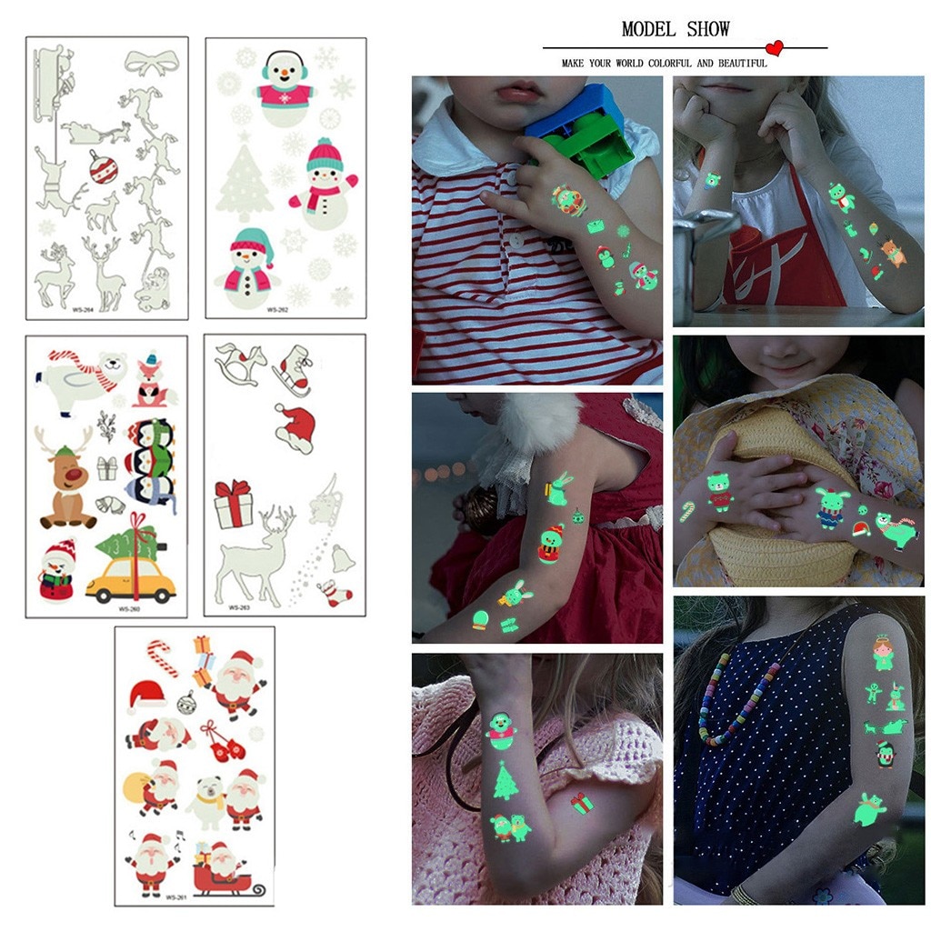 Lichtgevende Tattoo Stickers Kerstmissneeuwman Gezicht Simulatie Cartoon Fluorescerende Stickers Vensterglas Stickers Decoratie