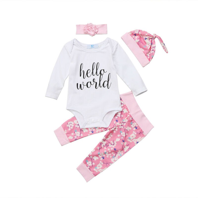 Pudcoco 4 Stuks Pasgeboren Baby Meisje Kleding Set Lange Mouw Romper Broek Hoed Outfits Zomer Kleding Set 0-24M