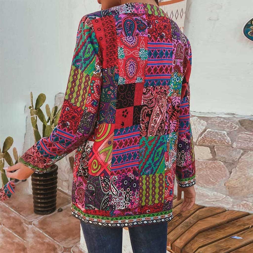 Herfst Vrouwen Vintage Etnische Stijl Bloemenprint Lange Mouwen Plus Size Katoenen Jas Jas Katoenen Jas Losse Jas Vrouw Jas