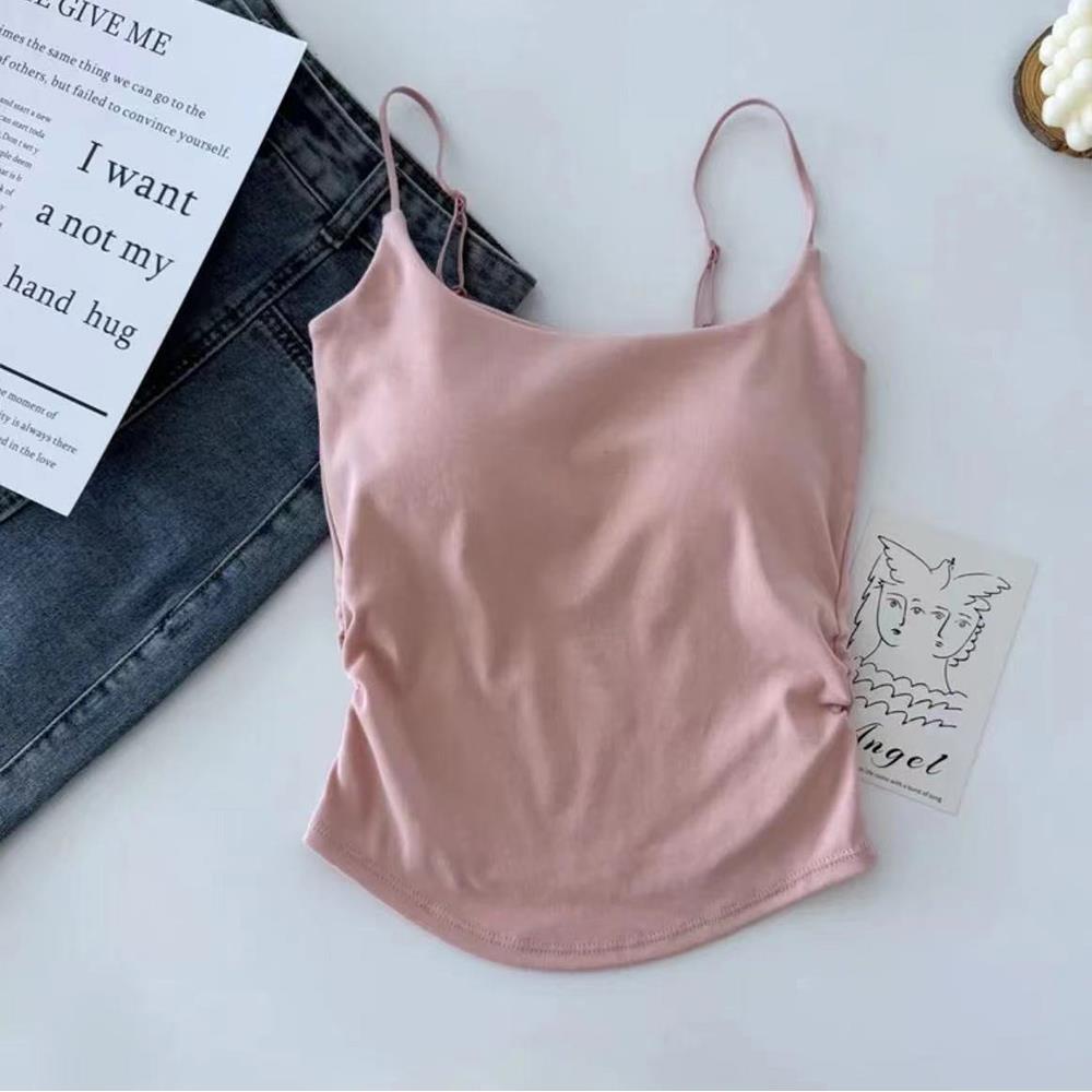Sommarlinnen med inbyggd bh, linne med smal passform, ärmlös, veck, enkla sportlinnen: Rosa