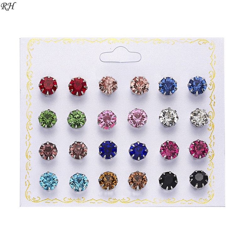 12 paires de boucles d&#39;oreilles en perles simulées, accessoires de couleur ronde, Zircon, cristal, ensemble de Piercing, boule, boucle d&#39;oreille pour femmes: ER18Y0324