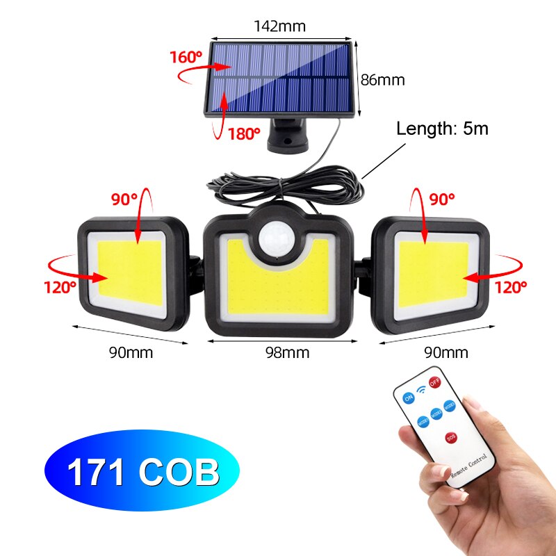 Super Bright Solar LED Light Outdoor Motion Sensor with Remote Control 270° Wide Angle Illumination Wall Lamp for Garden Garage: Split style 171 COB