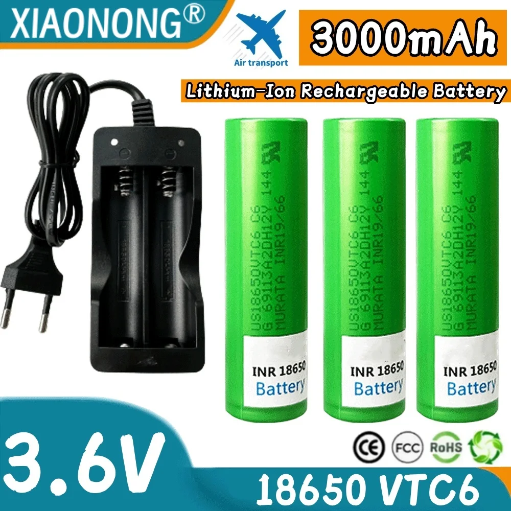 100% novo 18650 VTC6 3.6V 3000mAh bateria recarregável de íon de lítio adequada para controle remoto, lanternas etc + carregador