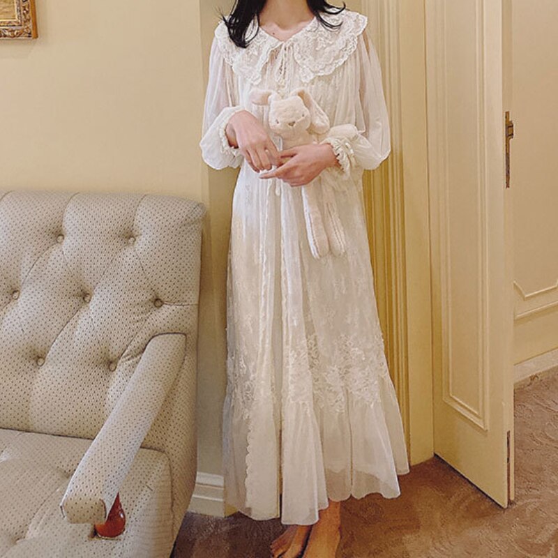 Bata de encaje bordado para mujer, vestido de noche largo de malla blanca de Hada, camisones victorianos Vintage, ropa de dormir de princesa