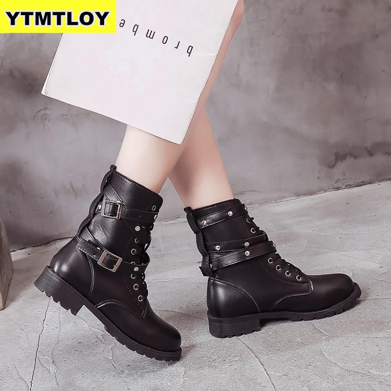 botas de tobillo de de invierno de cuero Pu para mujer zapatos de trabajo de punta redonda de encaje negro para mujer botas de encaje negro Botas femenina