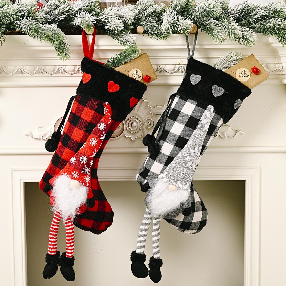 Julstrumpa leggings hängande docka xms-väska noel rutiga strumpor jultomten god jul inredning för hemmet natal dec