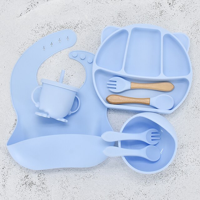 8PC Baby Silicone Sucker Plate Bowl Cup Spoon Fork Placemat Sets Food Grade Children&#39;s Compartment Training Dishes With Sucker: Panda Blue