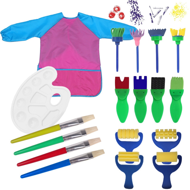 18 stk børnsvampmaleribørster værktøj håndværksbørstesæt med en malingsbakkepalet og vandtæt kunstsmock kunst forklæder