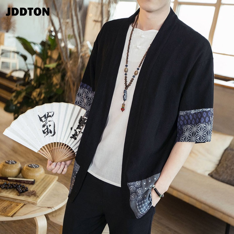 Jddton herre bomull lin kimono jakker fritid cardigan streetwear skjorter japansk samurai tradisjonelle uformelt kåper 5xl je011