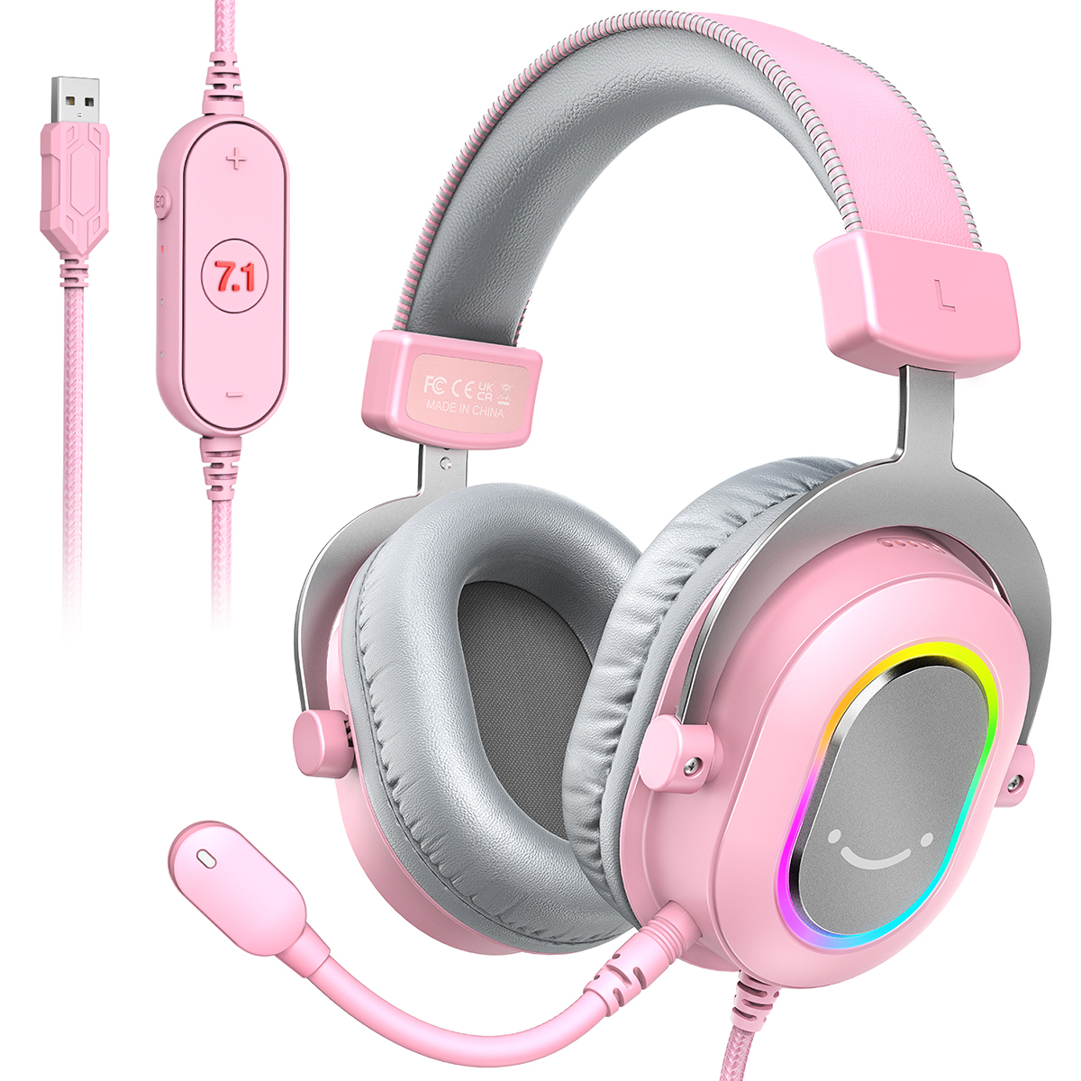 Zestaw słuchawkowy FIFINE USB do gier z dźwiękiem przestrzennym 7.1/kontrolą linii/trybem 3EQ, słuchawki RGB z mikrofonem, Plug and Play, do komputera/PS5 -H6: Różowy