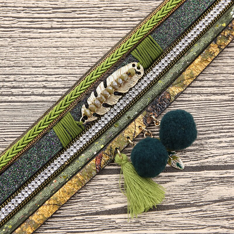 STRATHSPEY – ensemble de bracelets en strass pour femmes, plusieurs rangées, pompon, boule de fourrure, PU mousse, Bracelet, perles feuille d&#39;or, pendentif Olive