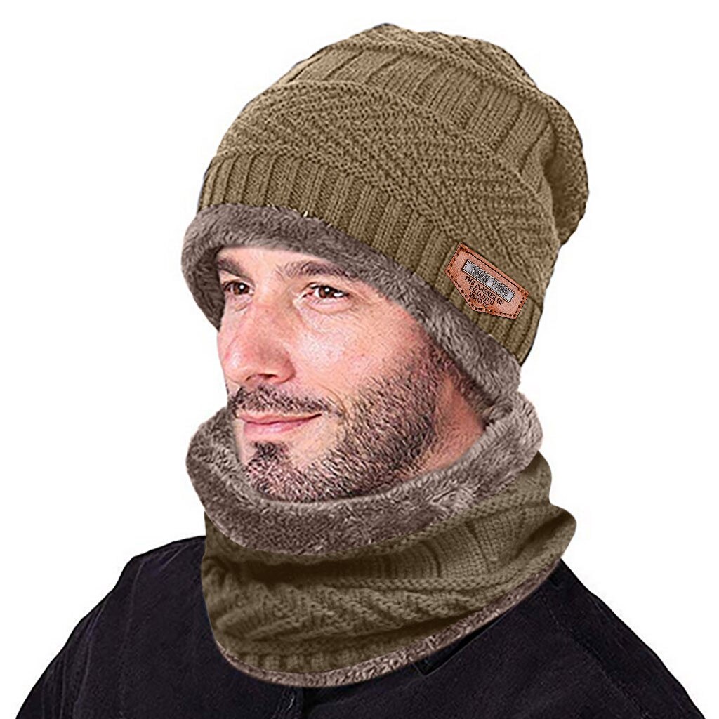 Vinter strikket hue tørklæde sæt til mænd tyk fleece varm hue hat tørklæde sæt solid strik vindtæt udendørs ski cap ring tørklæde