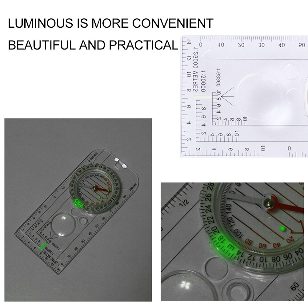 Drawing Scale Compass Luminous Map Ruler Buckle for Camping Hiking Guide Portable Handheld Compass Outdoor