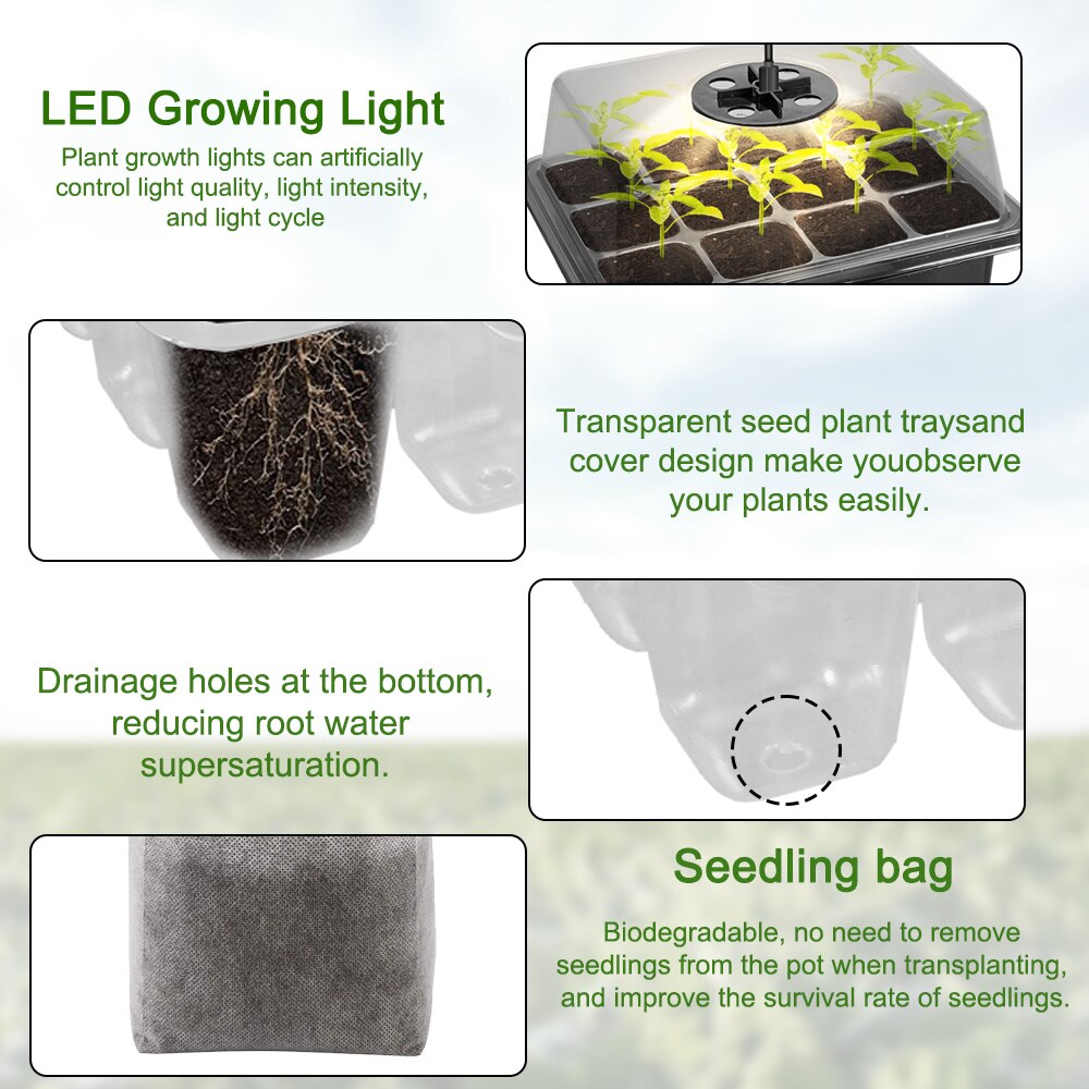 5Pack Plant Seed Seedling Starter Trays Kit with Grow Light Indoor Greenhouse Mini Propagator Station for Seeds Growing Starting