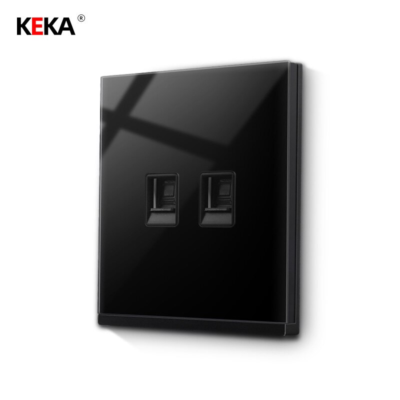 KEKA luxueux interrupteur en verre trempé. 2 gangs double ordinateur prise panneau CAT5E réseau RJ45 câble interface prise prise murale: Black